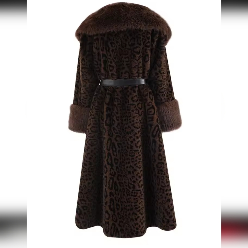 Brown Leopard Print Big Size Long Faux Fur Jacket For Women Lapel Long Sleeve - Picture 8 of 10